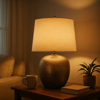Bellied metal Body Table Lamp with Splotched Details, Brass and Cream - BM227196