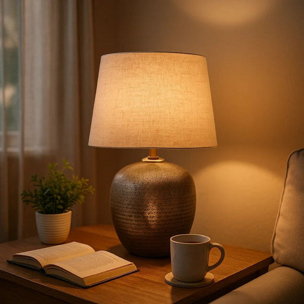 Bellied metal Body Table Lamp with Splotched Details, Brass and Cream - BM227196