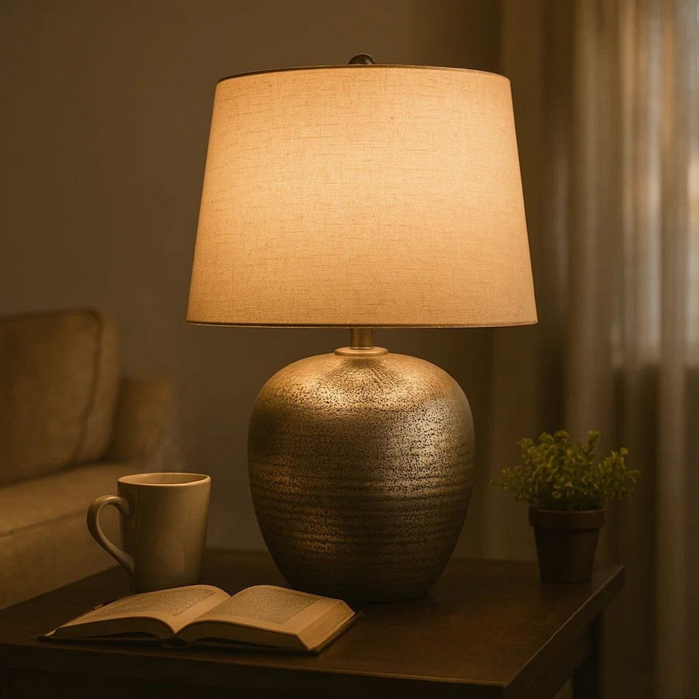 Bellied metal Body Table Lamp with Splotched Details, Brass and Cream - BM227196