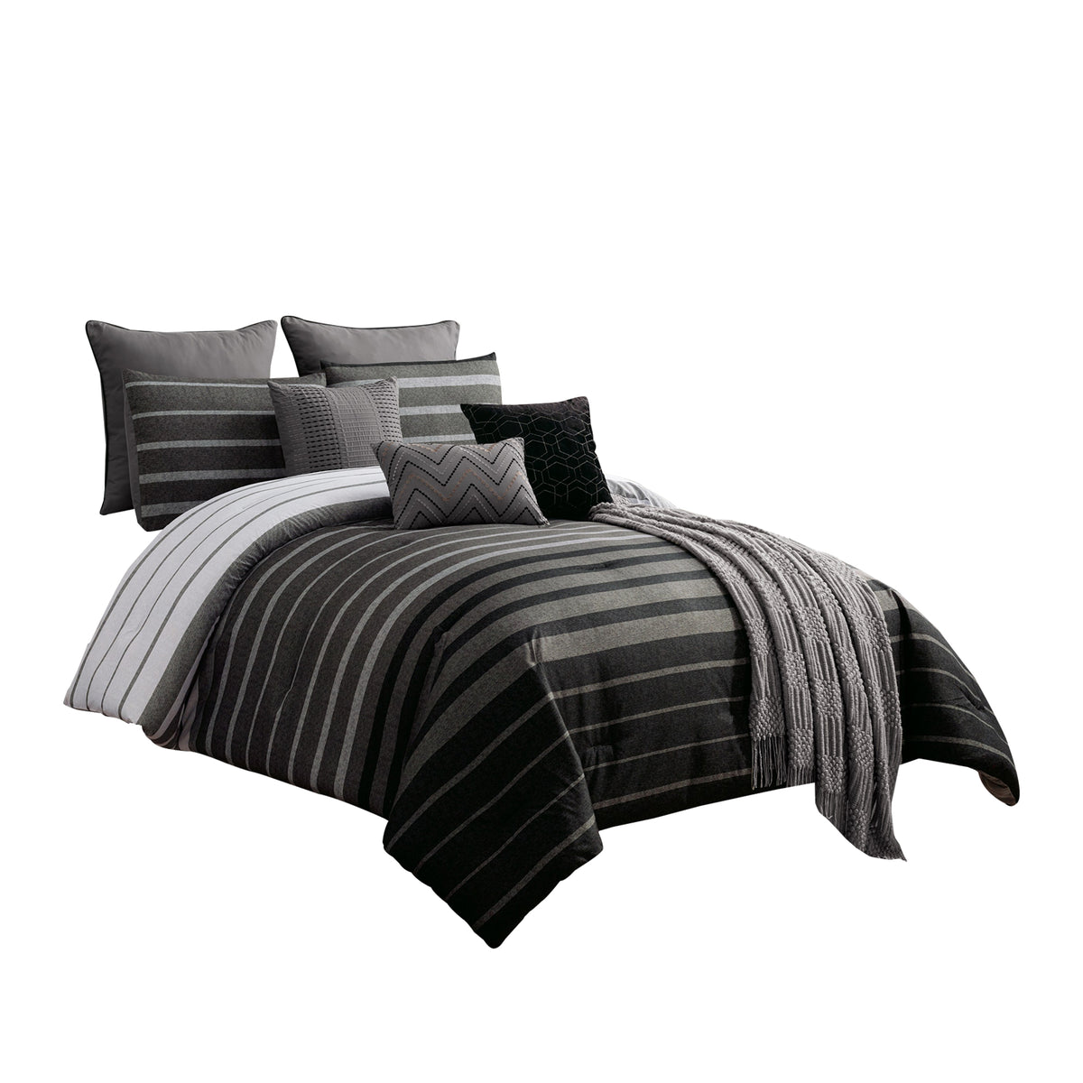 10 Piece King Polyester Comforter Set with Striped Details, Black and Gray  - BM227294