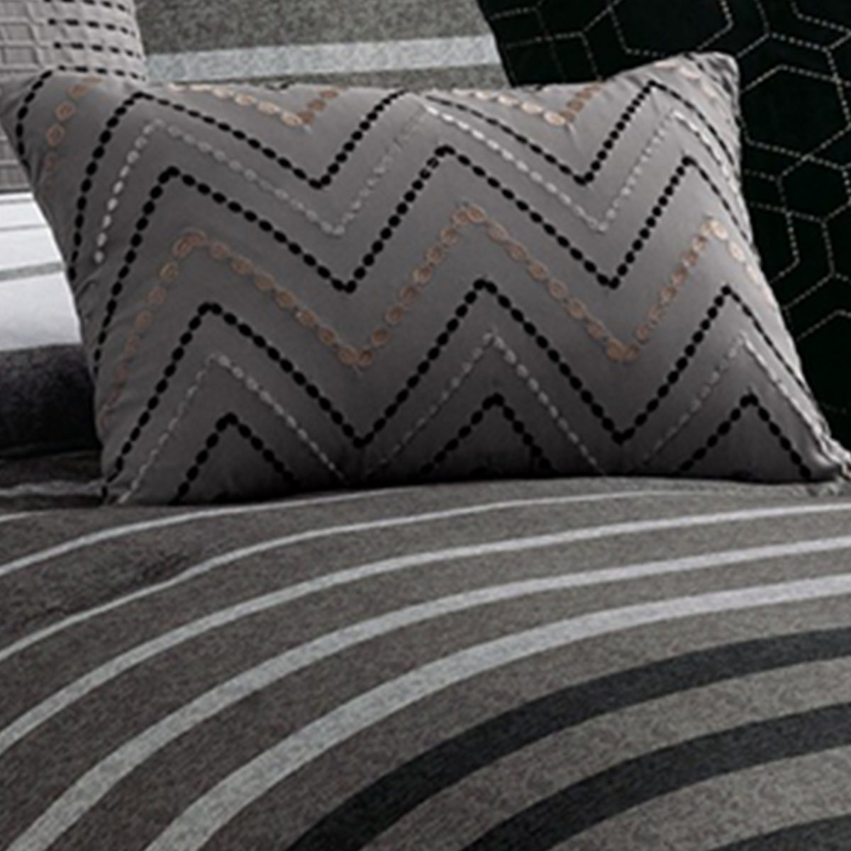10 Piece King Polyester Comforter Set with Striped Details, Black and Gray  - BM227294
