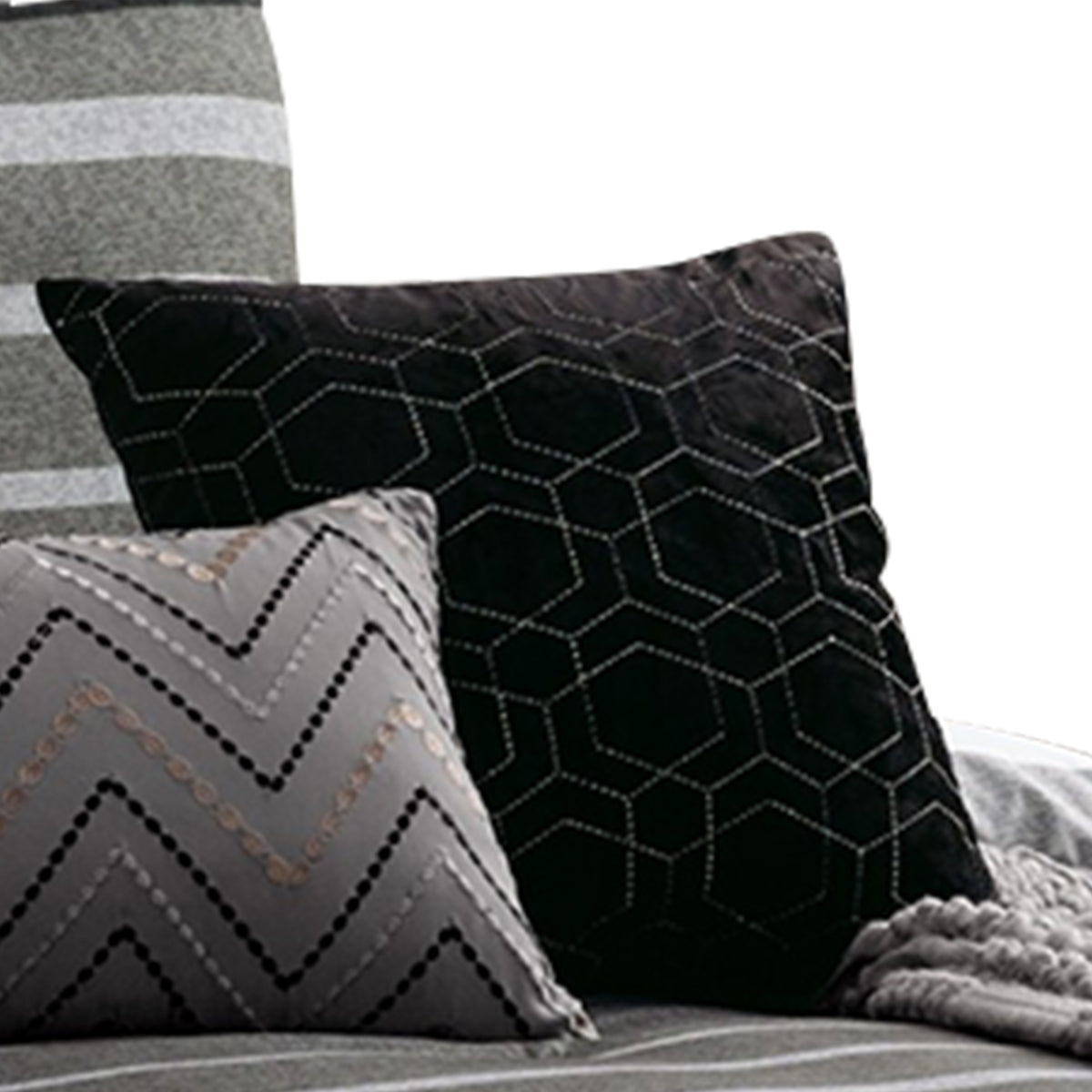 10 Piece King Polyester Comforter Set with Striped Details, Black and Gray  - BM227294