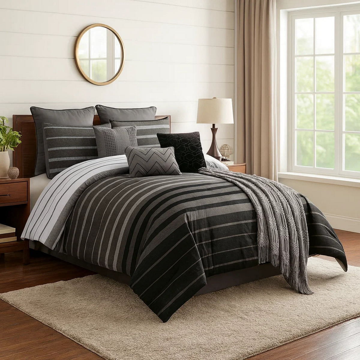 10 Piece King Polyester Comforter Set with Striped Details, Black and Gray  - BM227294