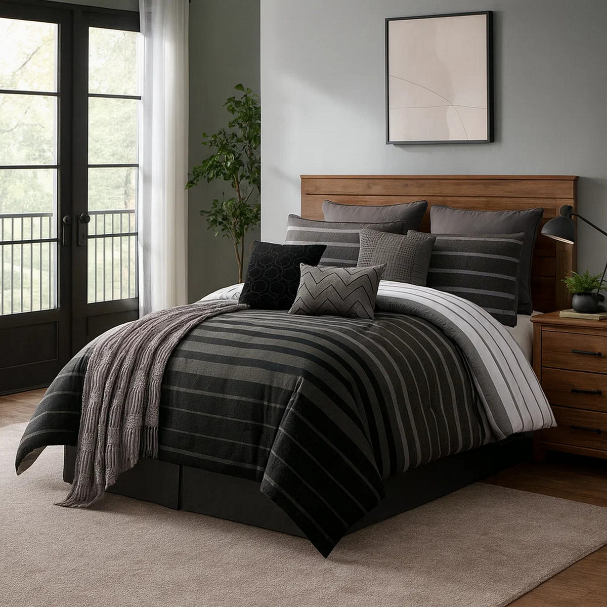 10 Piece King Polyester Comforter Set with Striped Details, Black and Gray  - BM227294