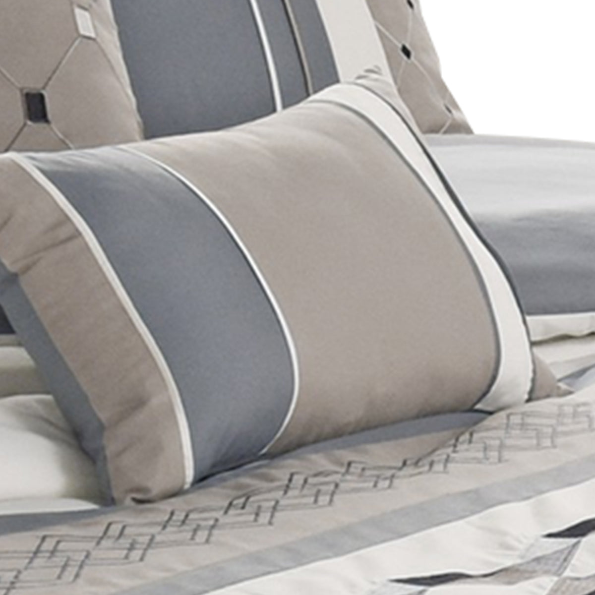 7 Piece King Polyester Comforter Set with Geometric Design, Blue, Tan, Ivory  - BM227298