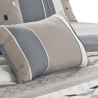 7 Piece King Polyester Comforter Set with Geometric Design, Blue, Tan, Ivory  - BM227298