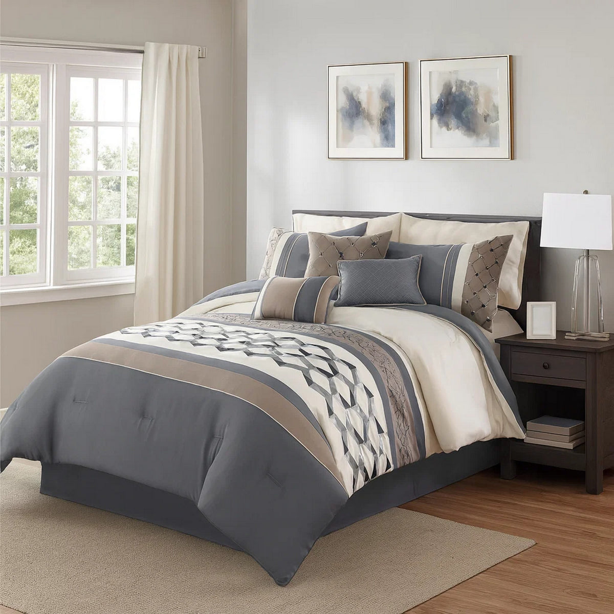 7 Piece King Polyester Comforter Set with Geometric Design, Blue, Tan, Ivory  - BM227298