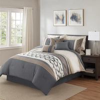 7 Piece King Polyester Comforter Set with Geometric Design, Blue, Tan, Ivory  - BM227298