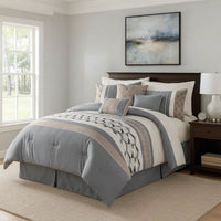 7 Piece King Polyester Comforter Set with Geometric Design, Blue, Tan, Ivory  - BM227298