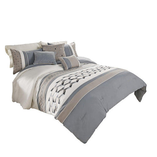 7 Piece Queen Polyester Comforter Set with Geometric Design, Blue and Gray  - BM227299