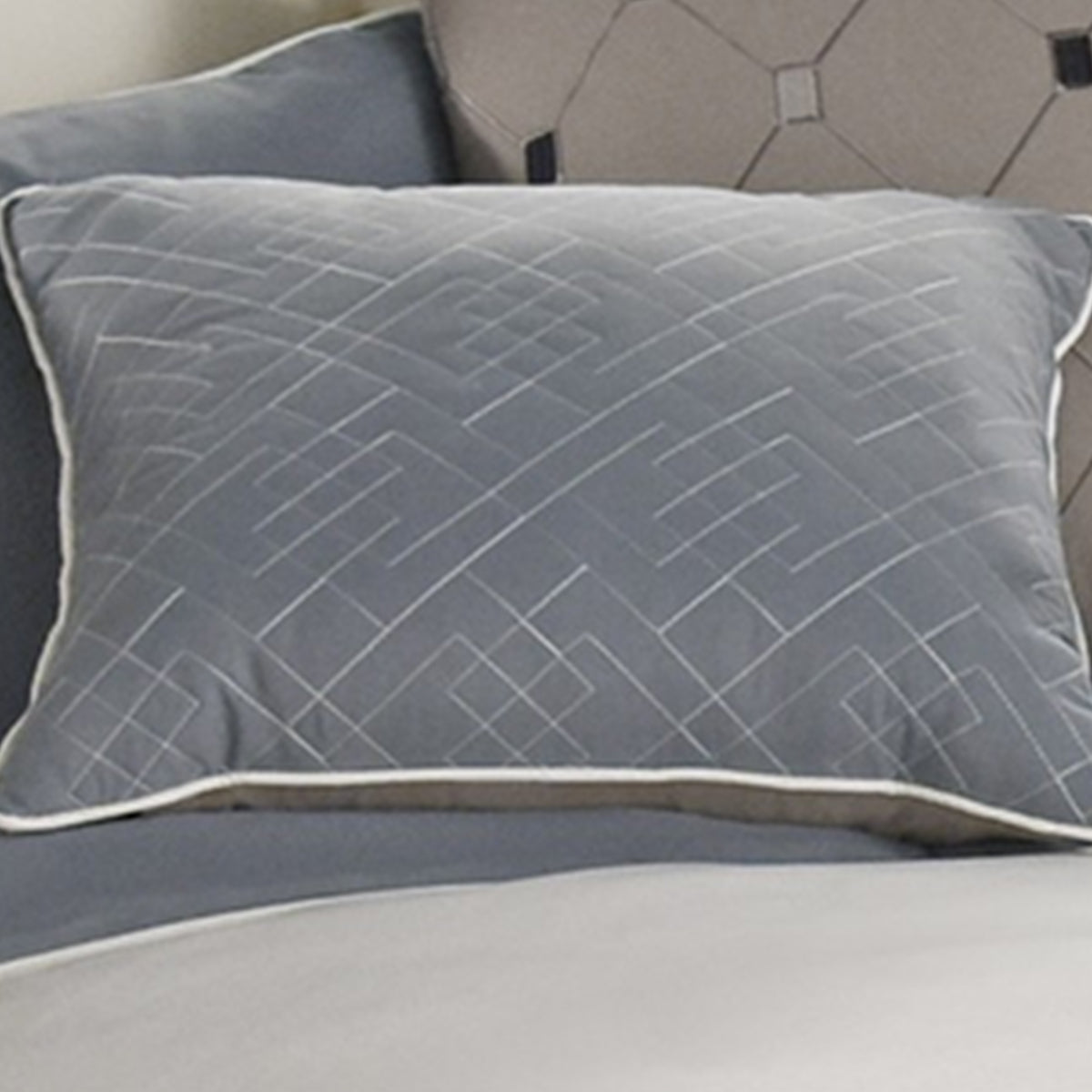 7 Piece Queen Polyester Comforter Set with Geometric Design, Blue and Gray  - BM227299
