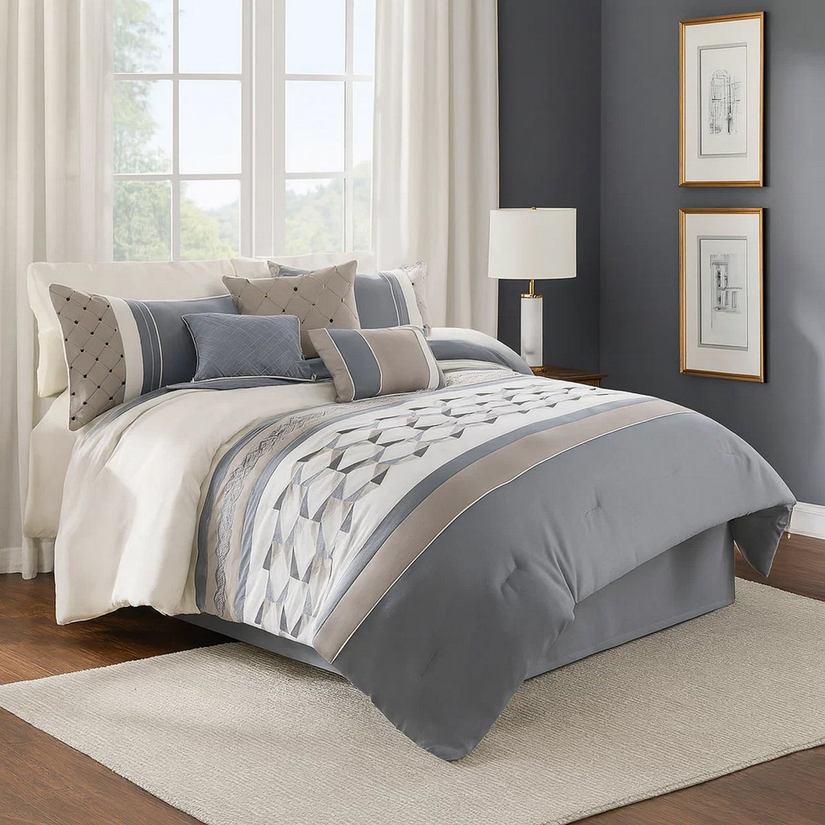 7 Piece Queen Polyester Comforter Set with Geometric Design, Blue and Gray  - BM227299