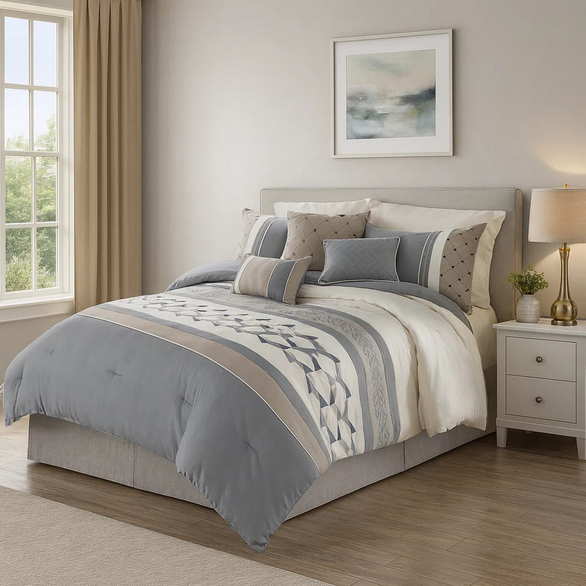 7 Piece Queen Polyester Comforter Set with Geometric Design, Blue and Gray  - BM227299