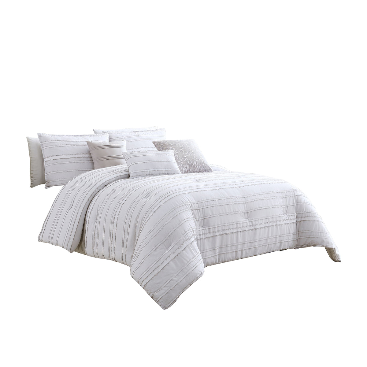 6 Piece Queen Cotton Comforter Set with Frayed Edges, White and Gray  - BM227301