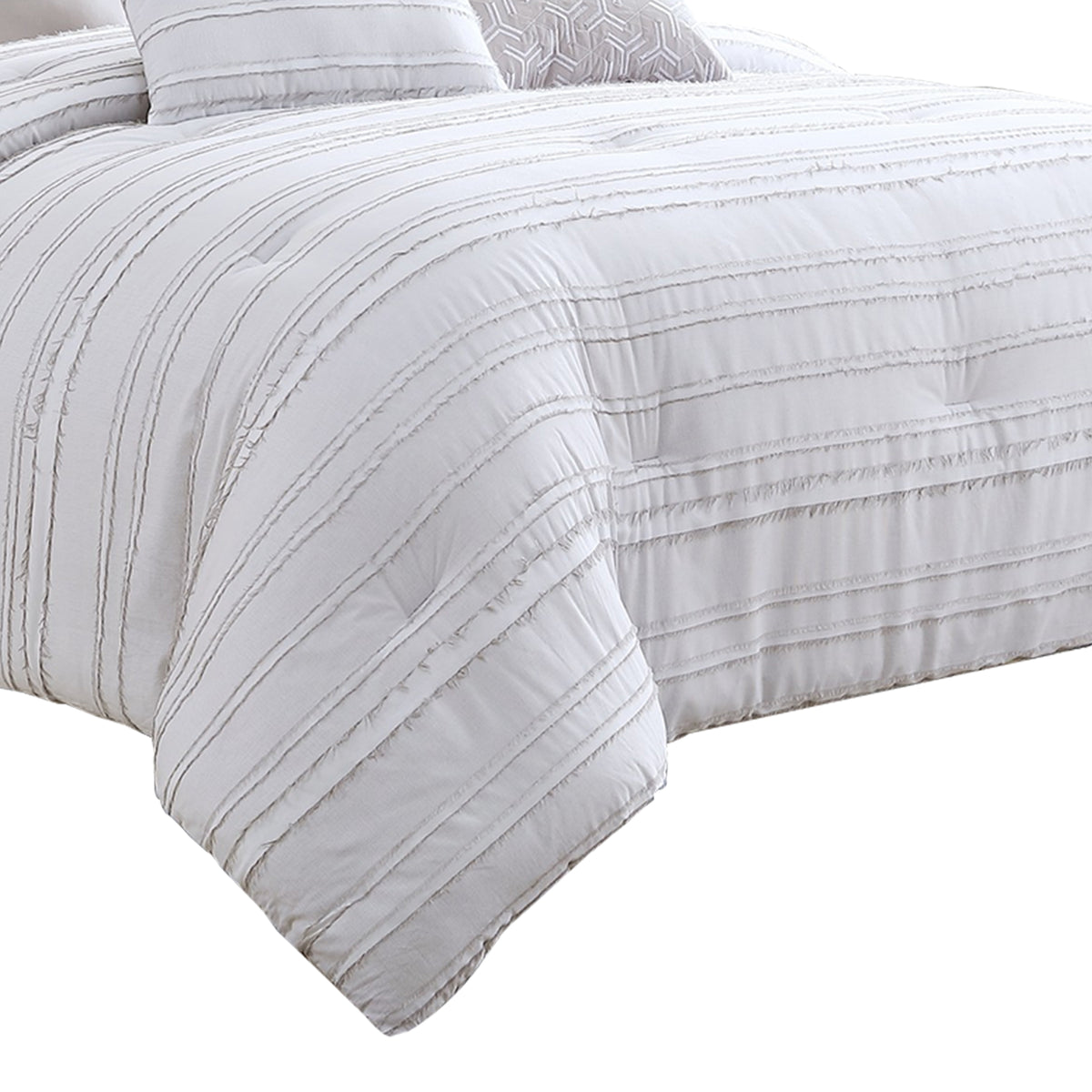6 Piece Queen Cotton Comforter Set with Frayed Edges, White and Gray  - BM227301