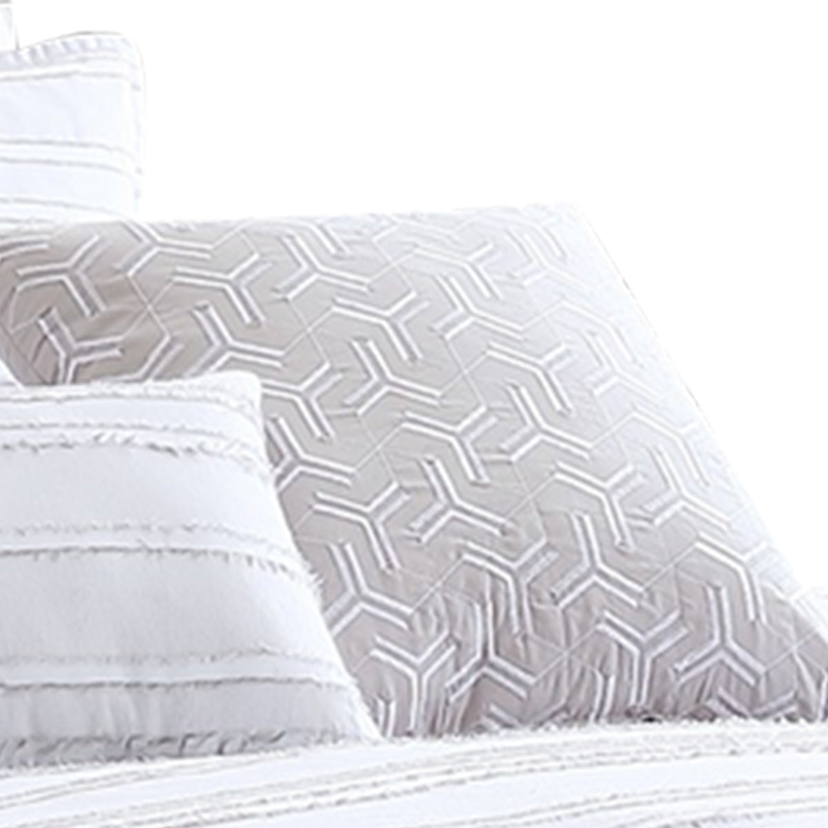 6 Piece Queen Cotton Comforter Set with Frayed Edges, White and Gray  - BM227301