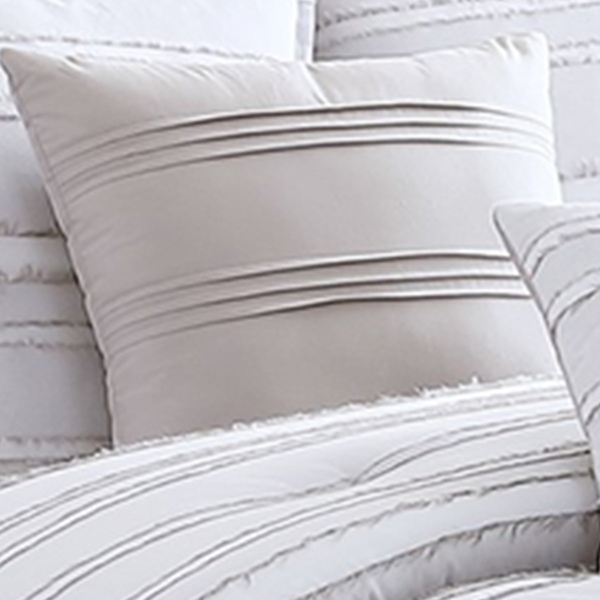 6 Piece Queen Cotton Comforter Set with Frayed Edges, White and Gray  - BM227301