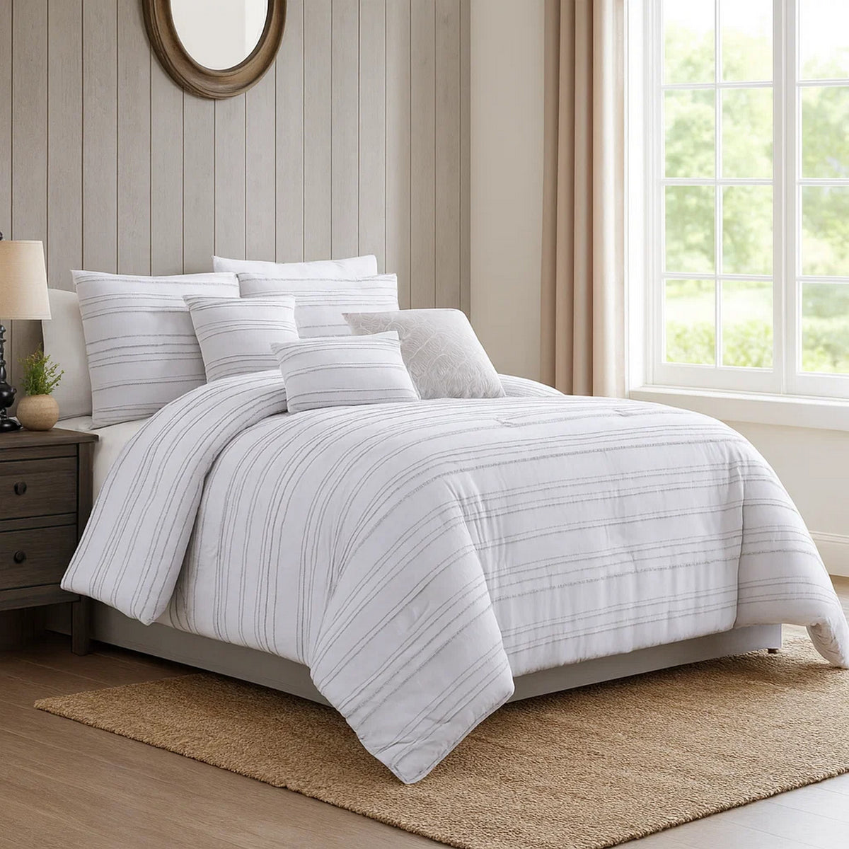 6 Piece Queen Cotton Comforter Set with Frayed Edges, White and Gray  - BM227301