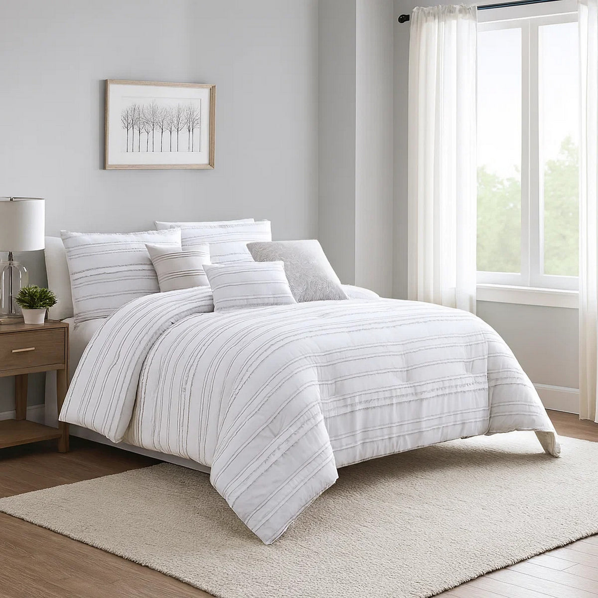 6 Piece Queen Cotton Comforter Set with Frayed Edges, White and Gray  - BM227301