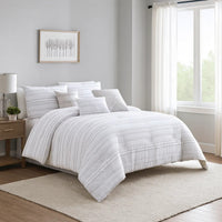 6 Piece Queen Cotton Comforter Set with Frayed Edges, White and Gray  - BM227301