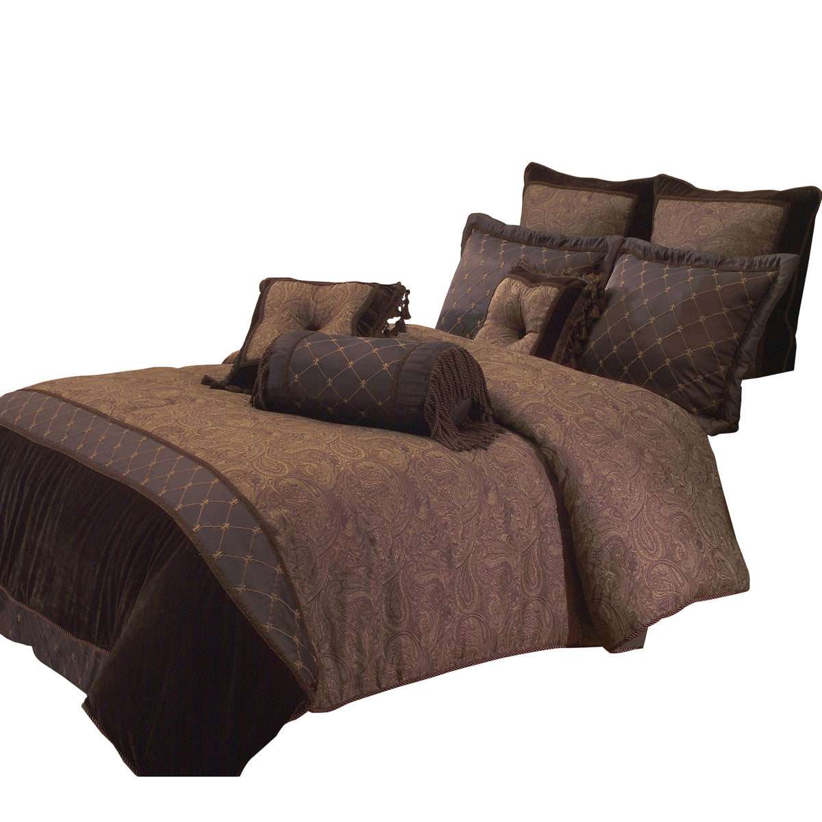 10 Piece King Polyester Comforter Set with Paisley Pattern Design, Brown  - BM227304