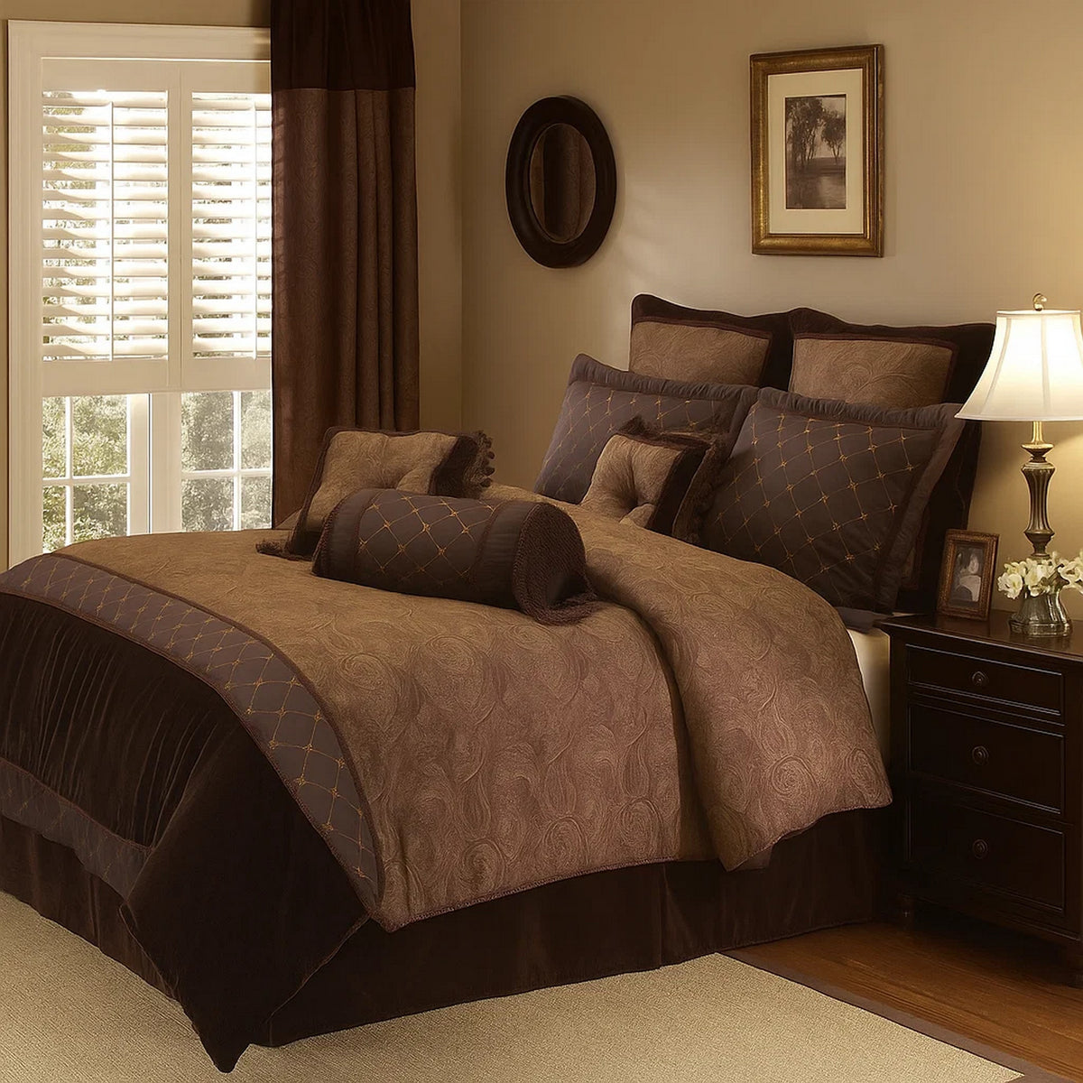 10 Piece King Polyester Comforter Set with Paisley Pattern Design, Brown  - BM227304