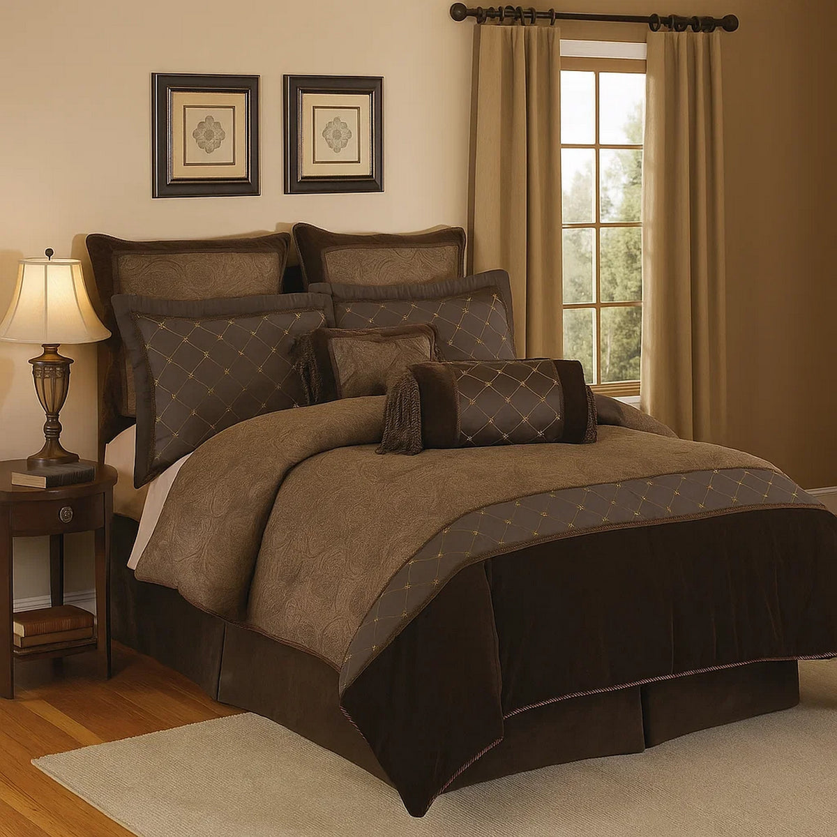 9 Piece Queen Polyester Comforter Set with Paisley Pattern Design, Brown  - BM227305