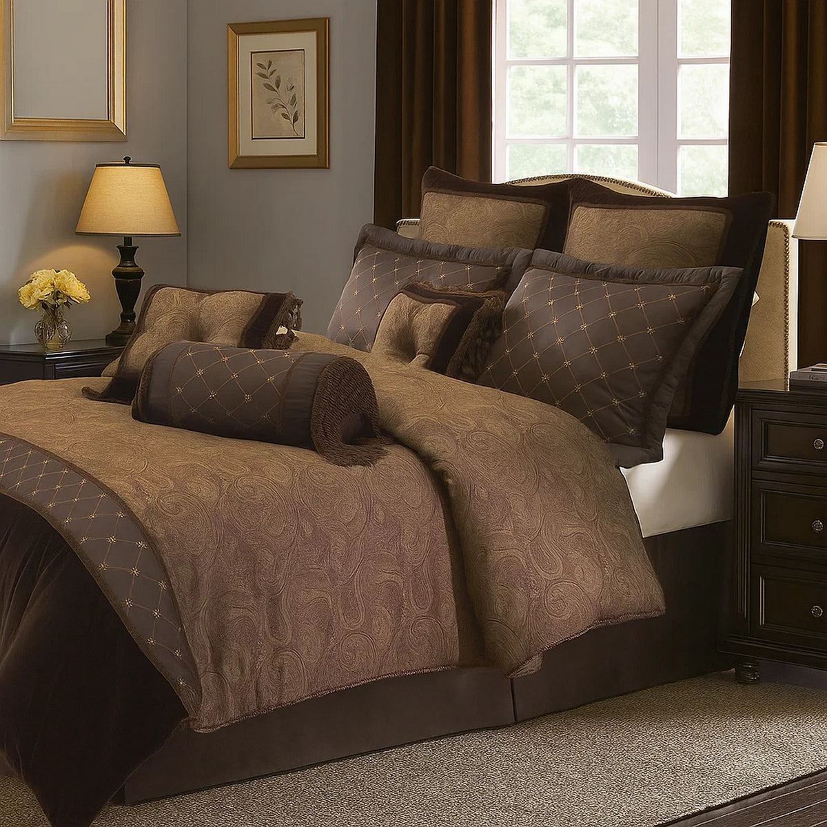 9 Piece Queen Polyester Comforter Set with Paisley Pattern Design, Brown  - BM227305