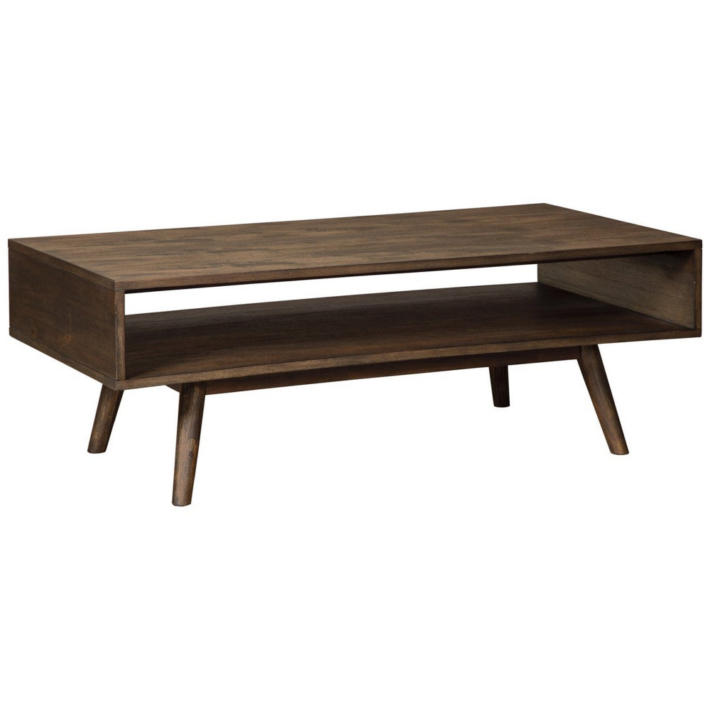 Wooden Cocktail Table with Open Bottom Shelf and Angled Legs, Brown - BM227428