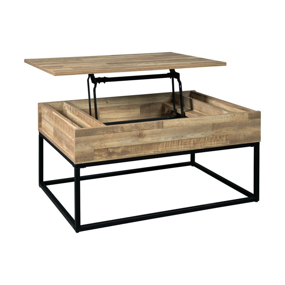 19" Wood and Metal Lift Top Cocktail Table, Brown and Black - BM227573