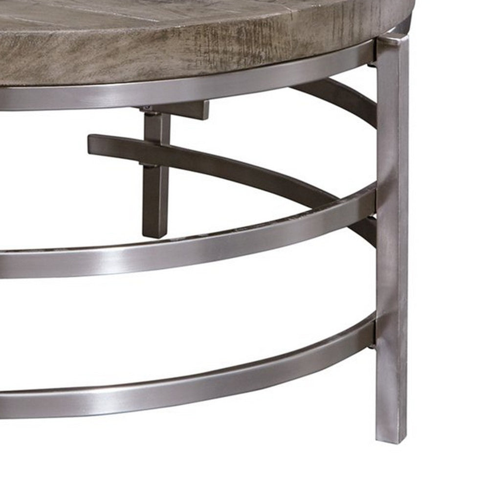 Wood Top Round Cocktail Table with Metal Base, Brown and Gray - BM227587