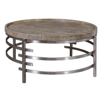 Wood Top Round Cocktail Table with Metal Base, Brown and Gray - BM227587