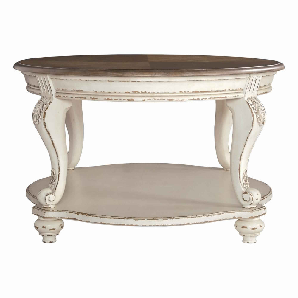 Two Tone Oval Cocktail Table with Bottom Shelf, Antique White and Brown - BM227591