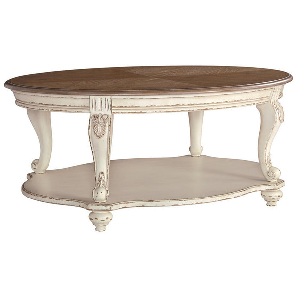 Two Tone Oval Cocktail Table with Bottom Shelf, Antique White and Brown - BM227591