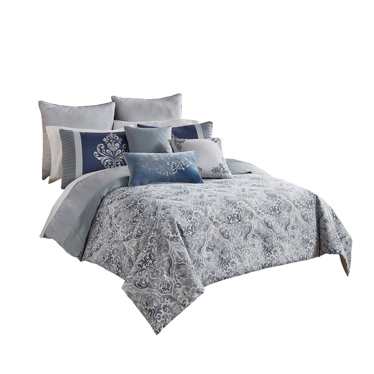 9 Piece Queen Polyester Comforter Set with Damask Prints, Blue and Gray  - BM227744