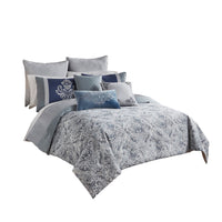 9 Piece Queen Polyester Comforter Set with Damask Prints, Blue and Gray  - BM227744