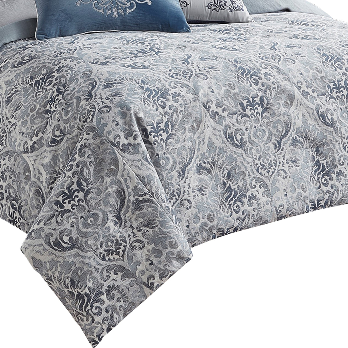 9 Piece Queen Polyester Comforter Set with Damask Prints, Blue and Gray  - BM227744
