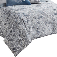 9 Piece Queen Polyester Comforter Set with Damask Prints, Blue and Gray  - BM227744