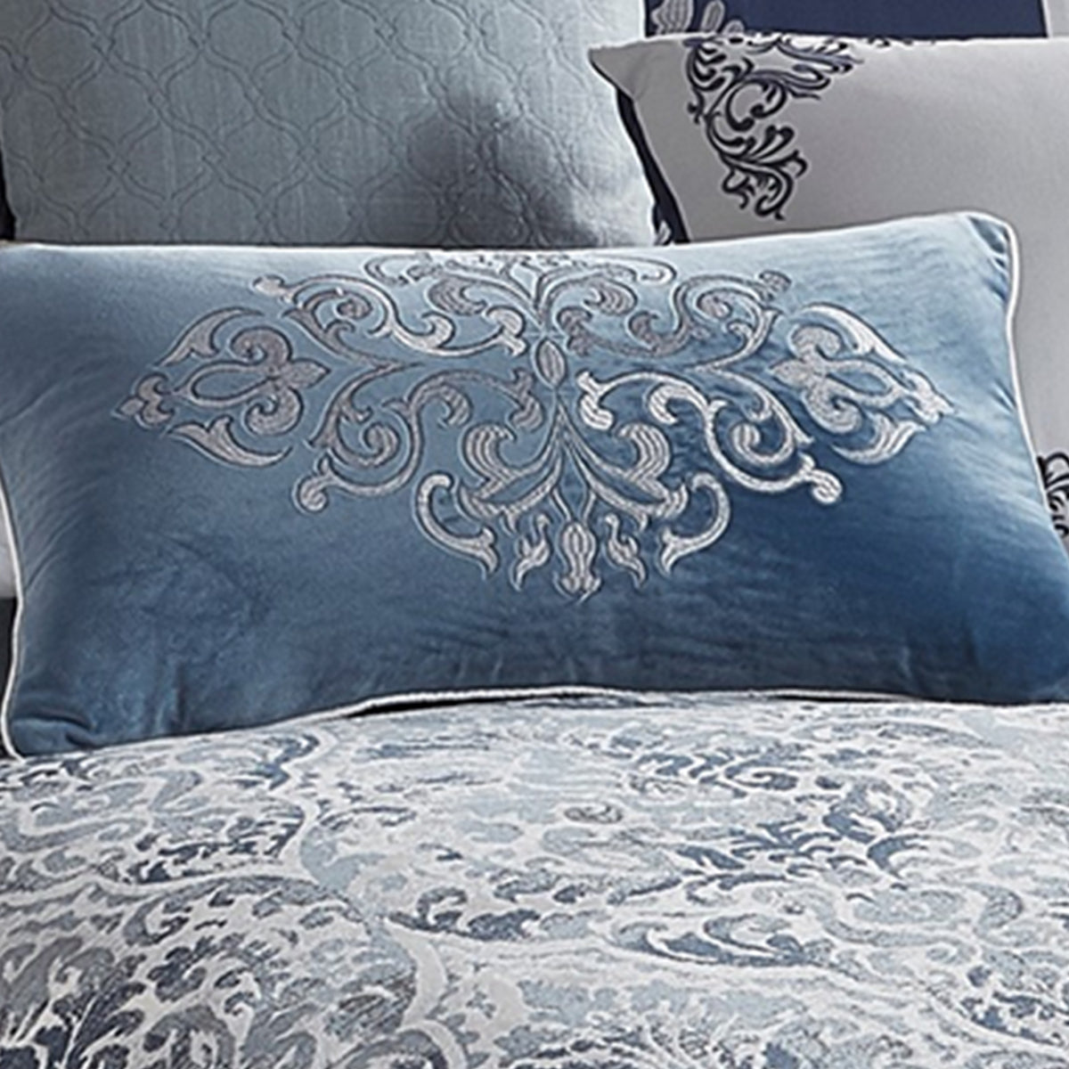 9 Piece Queen Polyester Comforter Set with Damask Prints, Blue and Gray  - BM227744