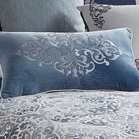9 Piece Queen Polyester Comforter Set with Damask Prints, Blue and Gray  - BM227744