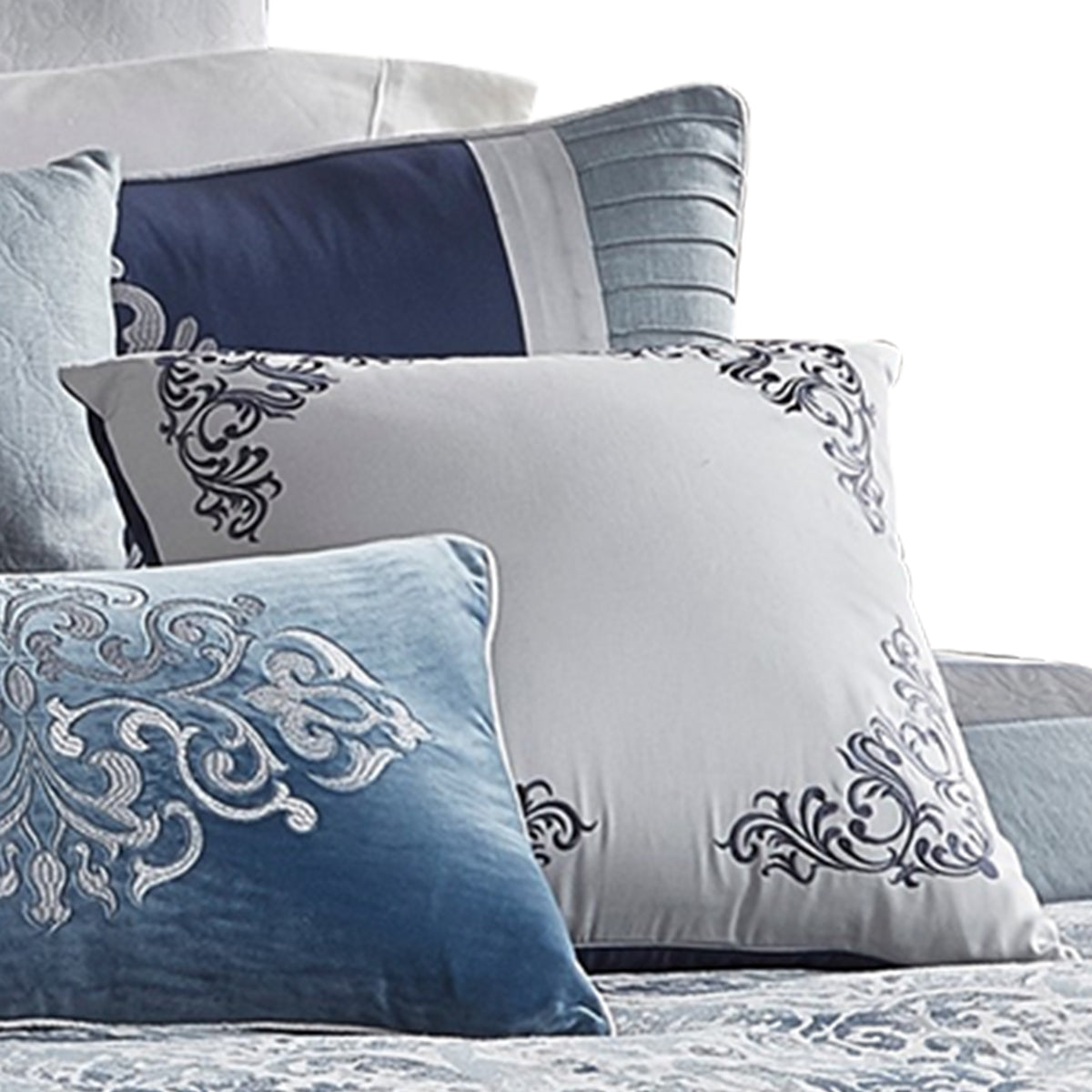 9 Piece Queen Polyester Comforter Set with Damask Prints, Blue and Gray  - BM227744