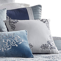 9 Piece Queen Polyester Comforter Set with Damask Prints, Blue and Gray  - BM227744