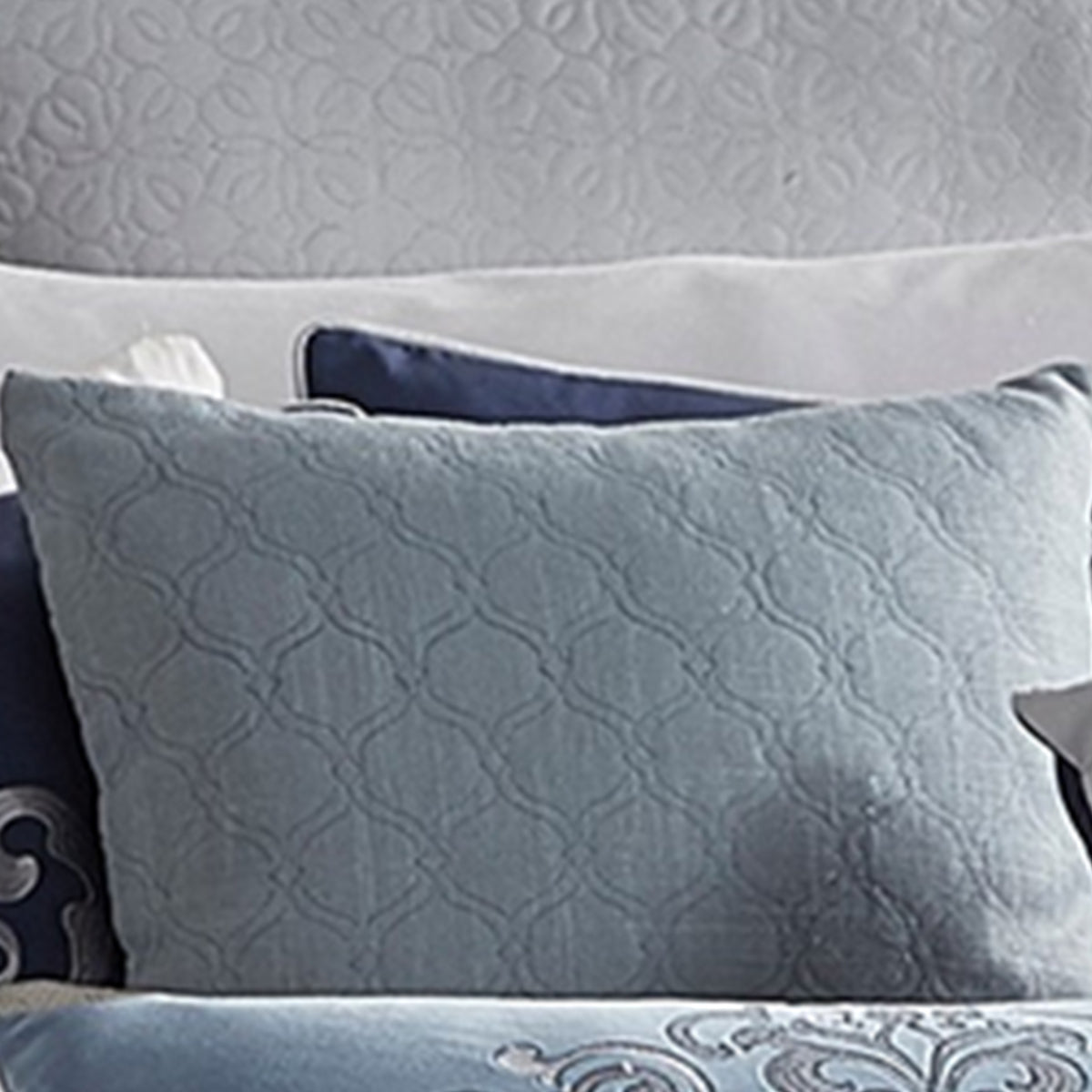 9 Piece Queen Polyester Comforter Set with Damask Prints, Blue and Gray  - BM227744