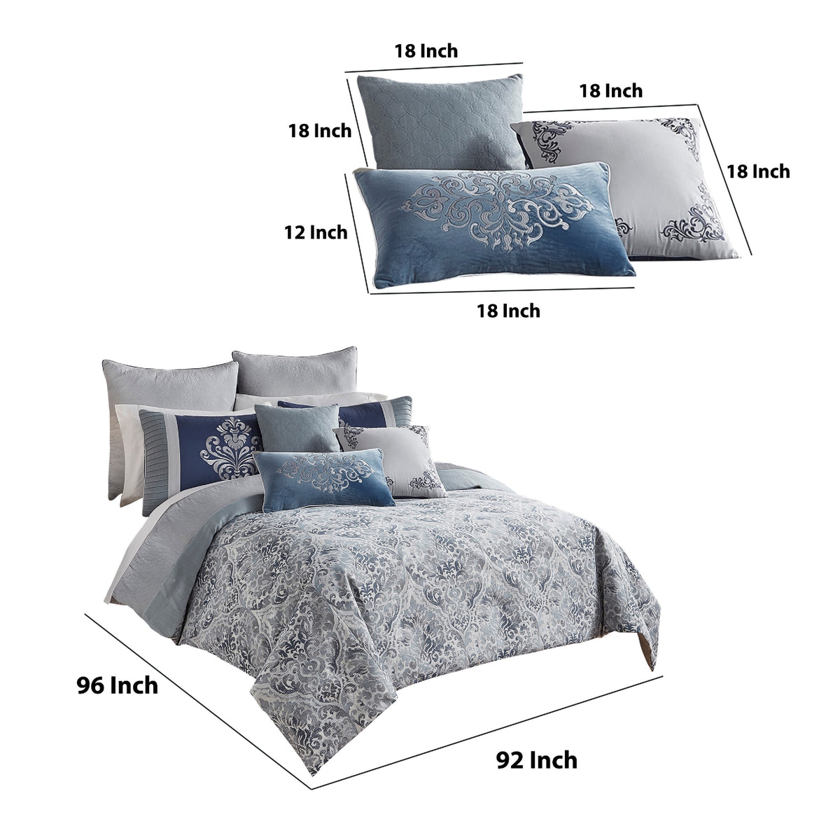 9 Piece Queen Polyester Comforter Set with Damask Prints, Blue and Gray  - BM227744