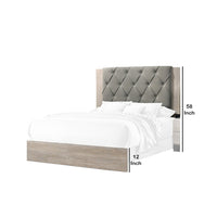 Wooden Queen Bed with Button Tufted Upholstered Headboard, Gray and Cream - BM228554