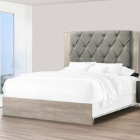 Wooden Queen Bed with Button Tufted Upholstered Headboard, Gray and Cream - BM228554