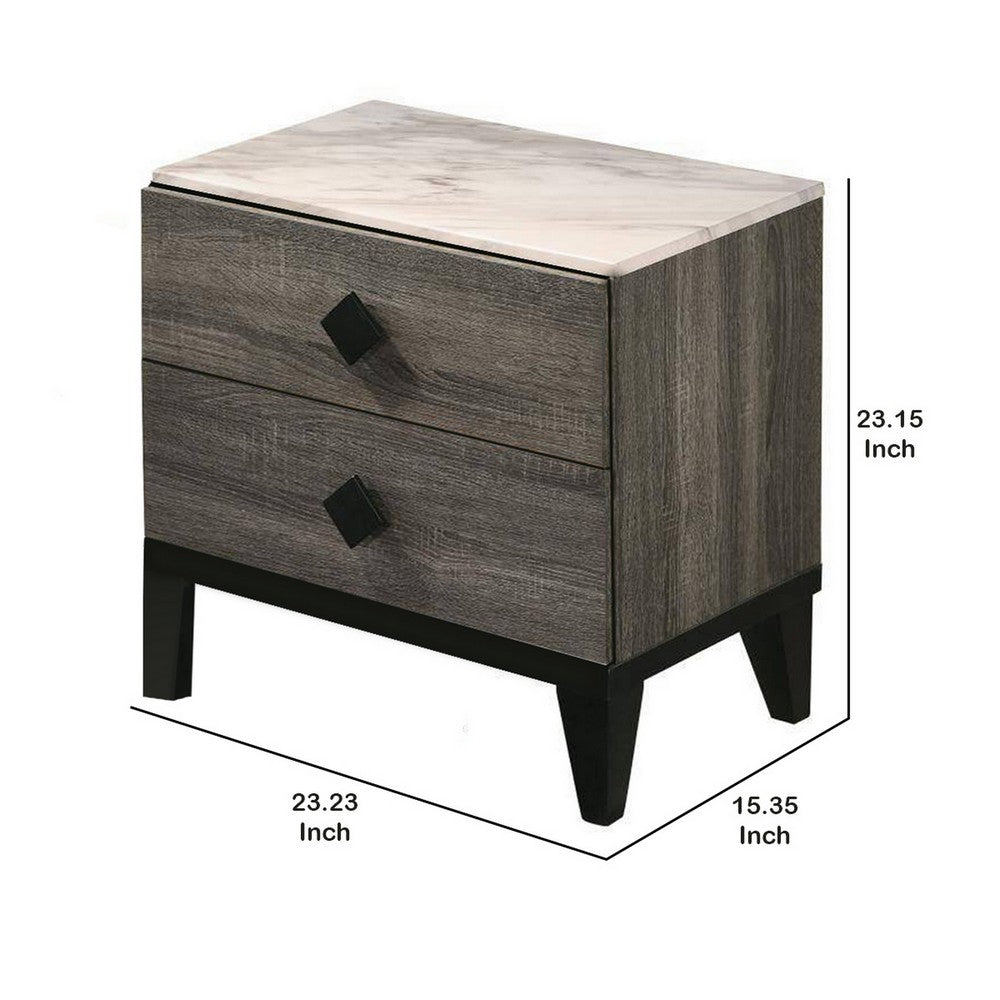 2 Drawer Wooden Nightstand with Grains and Angled Legs, Gray - BM228557