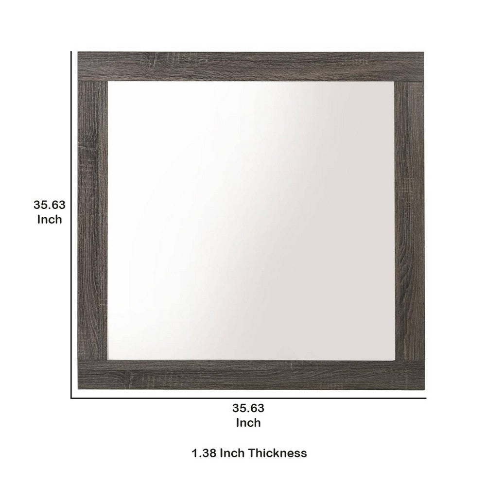 Transitional Style Grained Wood Encased Square Mirror, Gray - BM228558
