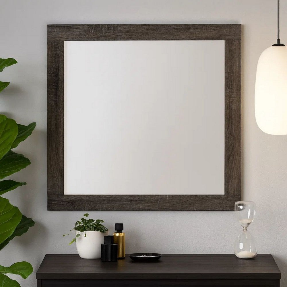 Transitional Style Grained Wood Encased Square Mirror, Gray - BM228558