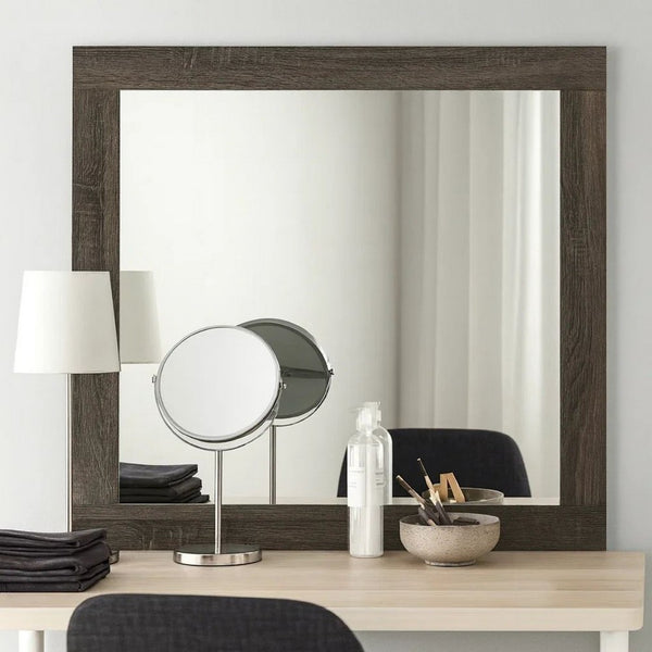 Transitional Style Grained Wood Encased Square Mirror, Gray - BM228558